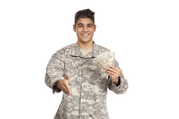 Happy Army Soldier With Cash From A Loan