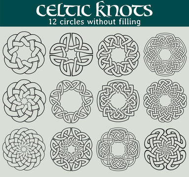 Celtic knots, circles without filling. Set of 12 circles with celtic patterns to use in tattoos or designs.