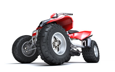 Massive concept. Powerful red ATV quadbike isolated on white background. Perspective. Bottom view. 3D render.