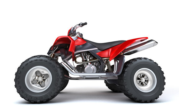 Side view of powerful red ATV quadbike isolated on white background. Perspective. 3D render.