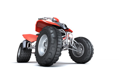 Massive concept. Powerful red ATV quadbike isolated on white background. Perspective. Bottom view. 3D render.