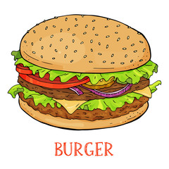 Appetizing Burger with fresh herbs, onions and juicy cutlets on a white background. Colorful vector illustration in sketch style.