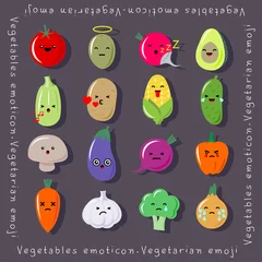 Fotobehang Vegetables kawaii emoji. Cute carrots, radish, beets, cucumber, mushrooms, tomatoes, broccoli, eggplant, onions, corn, garlic, potato, marrow, avocado, olive with smile. Japanese emoticons. © Nataly