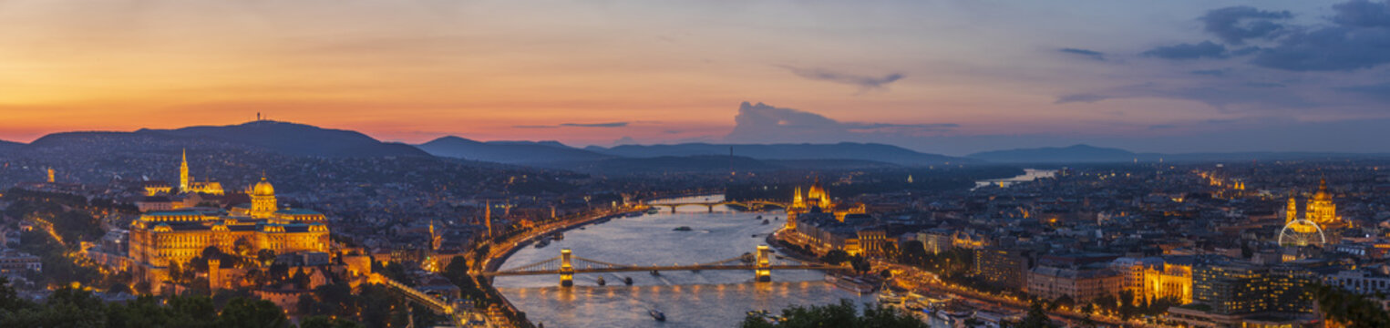 View to Budapest skyline form Citadella Hill at sunset