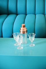 detail of blue sofa and coffee table