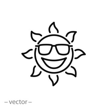 Smiling sun with sunglass character icon, line sign - vector illustration eps10