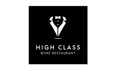 Tuxedo Waiter Suit Bowtie with Wine Bottle for Luxury Dinner Restaurant Logo design 
