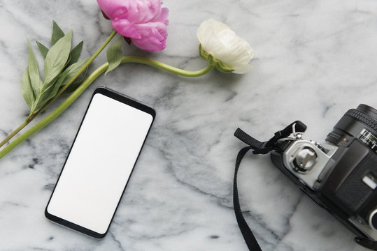 Flowers, smart phone and digital camera