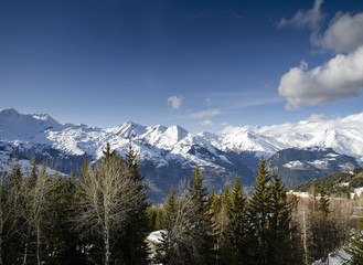 sunny french alps mountain snow view in les arcs france