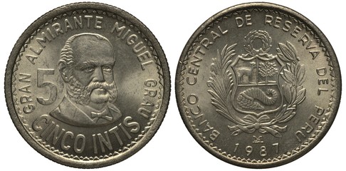 Peru Peruvian coin 5 five intis 1987, Grand Admiral Miguel Grau, arms, wreath, llama, tree, horn of...