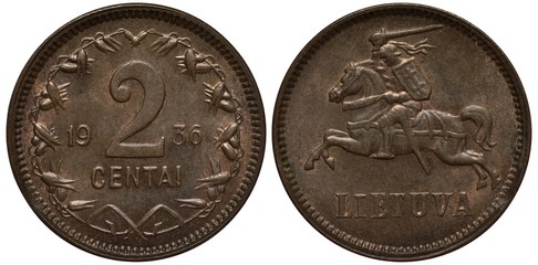 Lithuania Lithuanian coin 2 two cents 1936, denomination within floral wreath, knight with sword...