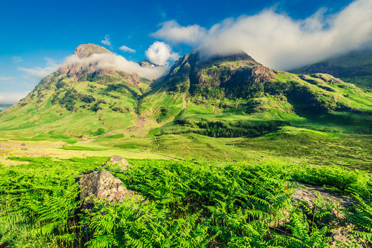 Green valley in mountains of Glencoe at sunrise, Scotland