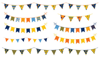 Festive and cheerful vector buntings with colorful flags with dots and stripes for kid birthdays, parties and other celebrations - obrazy, fototapety, plakaty