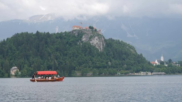 Traditional wooden boat, pletna on lake Bled
