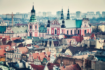 Vintage toned aerial view of Poznan, Poland.