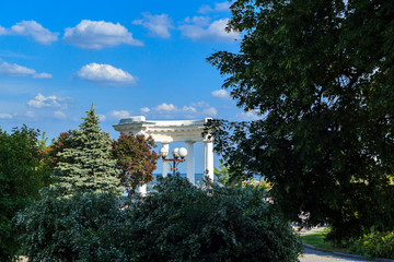 Poltava, Ukraine. Building of the White Rotunda. Rotunda friendship among peoples. Inscription...