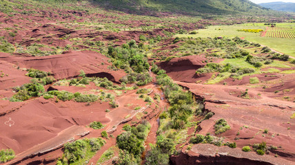 canyon verdoyant au milieu de plaque rocheuse rouge et sec