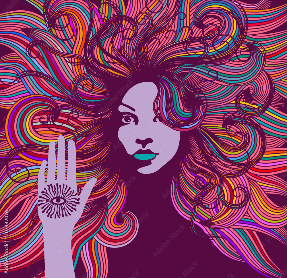 Wall mural psychedelic portrait of a hippie woman with colorful hair and an all seeing eye on her hand.