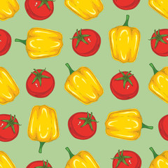 Seamless Pattern Yellow Bell Pepper and Tomatoes