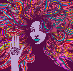 Psychedelic portrait of a hippie woman with colorful hair and an all seeing eye on her hand.