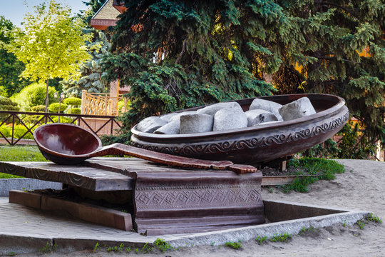 Monument Poltava dumplings Ukrainian traditional national dish. Poltava, Ukraine