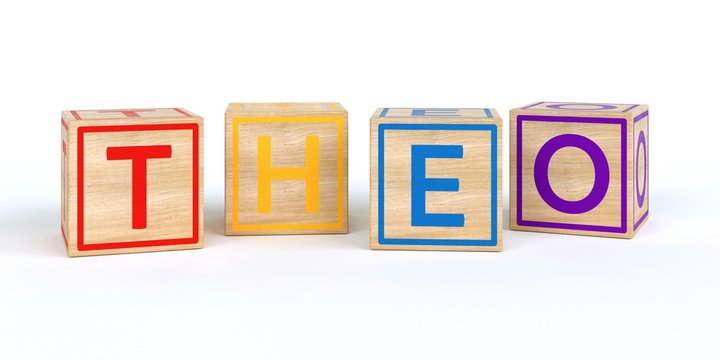 The name theo written with Isolated wooden toy cubes