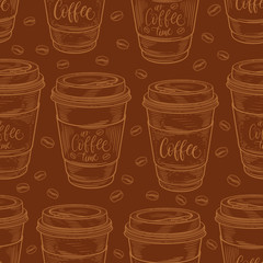Hand drawn coffee cups seamless pattern. Colorful background in vintage retro colors. Decorative doodle vector illustration