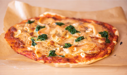 fresh Pizza with Salmon and Spinach 