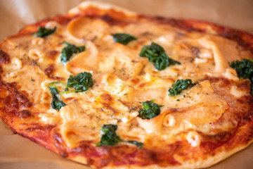 fresh Pizza with Salmon and Spinach 