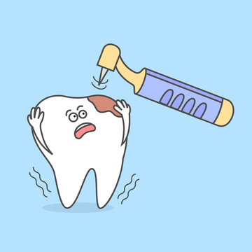 Cartoon tooth with a dental tool. Dental care icon. Teeth treatment. Dentist procedures vector illustration.
