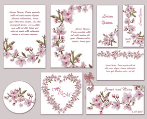 Set of Pink Flower Templates for Wedding and Romantic Event.  Floral Printable Decoration for Announcement, Advertisement, in different shapes. Pink Wedding.