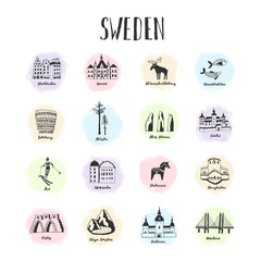 Vector hand drawn set of sights, activities and landmarks of Sweden. Famous places to visit. What to do and see.