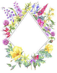Watercolor summer medicinal floral vertical frame, Wildflowers plant