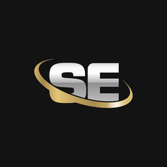 Fototapeta na wymiar Initial letter SE, overlapping swoosh ring logo, silver gold color on black background