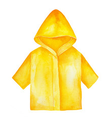Yellow raincoat with hood and sleeves to wear outdoors in bad rainy weather. Bright and stylish. Hand drawn water color graphic painting on white background, isolated. Beautiful clip art for design. © Julija