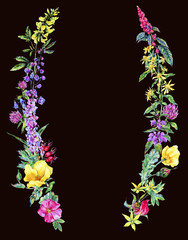 Watercolor summer medicinal floral wreath, Wildflowers plant