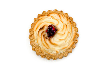 Homemade open patty with cottage cheese, round bun, traditional russian pastry vatrushka or sochnja, cheesecake, curd patty isolated on white background, close-up top view