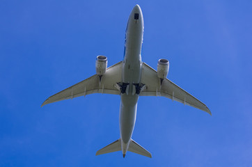 真下から見るランディングギアを格納するジェット旅客機