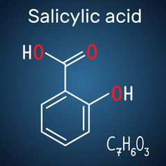 Salicylic acid molecule. It is a type of phenolic acid. Structural chemical formula and molecule model on the dark blue background