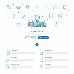 Craft beer concept: man and mag with foam. Thin line icons related to Octoberfest: beer pack, hop, wheat, bottle opener, manufacturing, brewing, tulip glass. Vector illustration, web page template.