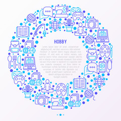 Hobby concept in circle with thin line icons: reading, gaming, gardening, photography, cooking, sewing, fishing, hiking, yoga, music, travelling. Modern vector illustration, web page template.