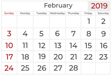 calendar for the year 2019, February