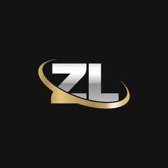 Initial letter ZL, overlapping swoosh ring logo, silver gold color on black background