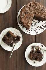 Overhead shot of partially eaten chocolate cake for two