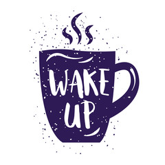 Morning label with cup and lettering text on white background. Vector illustration for greeting cards, decoration, prints and posters.