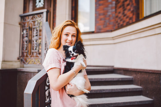 A beautiful young woman with red long hair is holding a small, cute funny big-eyed dog of two flowers, a black-and-white pet of the breed of hichuahua against a house of red brick in summer