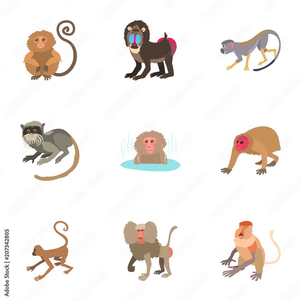 Aufkleber monkey icons set. cartoon set of 9 monkey vector icons for web isolated on white background