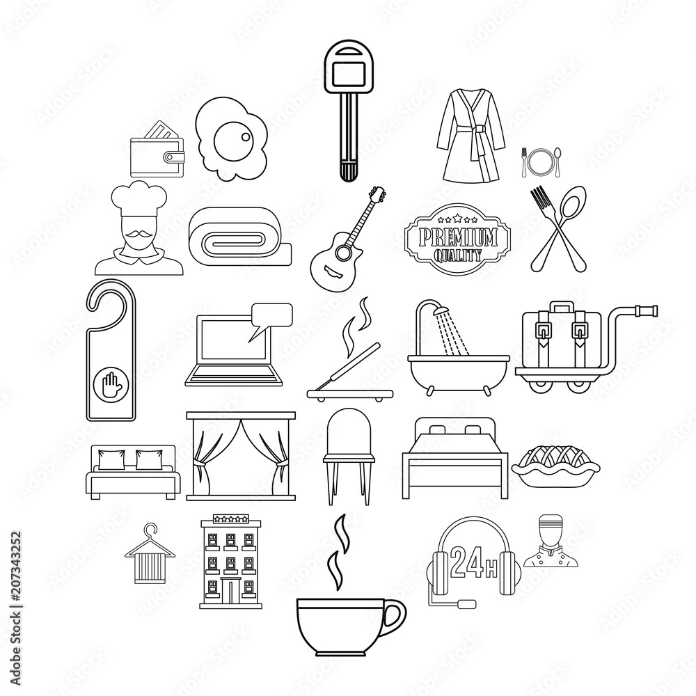 Aufkleber hostel icons set. outline set of 25 hostel vector icons for web isolated on white background