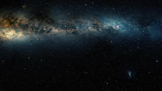 Milky way galaxy in outer space, 3D animation with multiple flying stars in cosmic wind. Contains public domain image by NASA