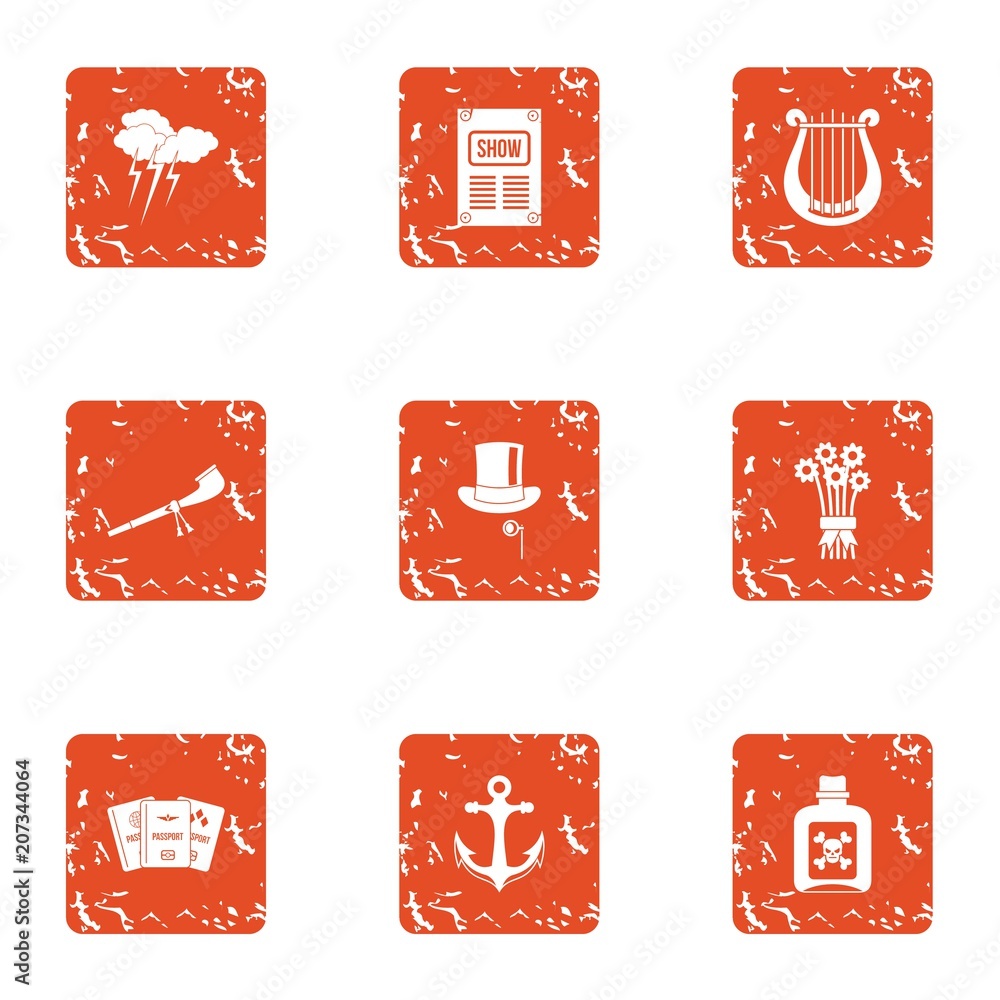 Poster outdated show icons set. grunge set of 9 outdated show vector icons for web isolated on white backgr